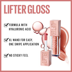 Maybelline Lifter Gloss Bronzed sur les lèvres, brillance et hydratation visibles.