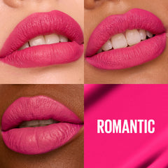 Maybelline Super Stay Matte Ink Romantic, couleur rose vif saturée et durable.
