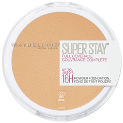 Maybelline Super Stay Poudre fond Honey, application crèmeuse facile, couvrance élevée et tenue longue durée.
