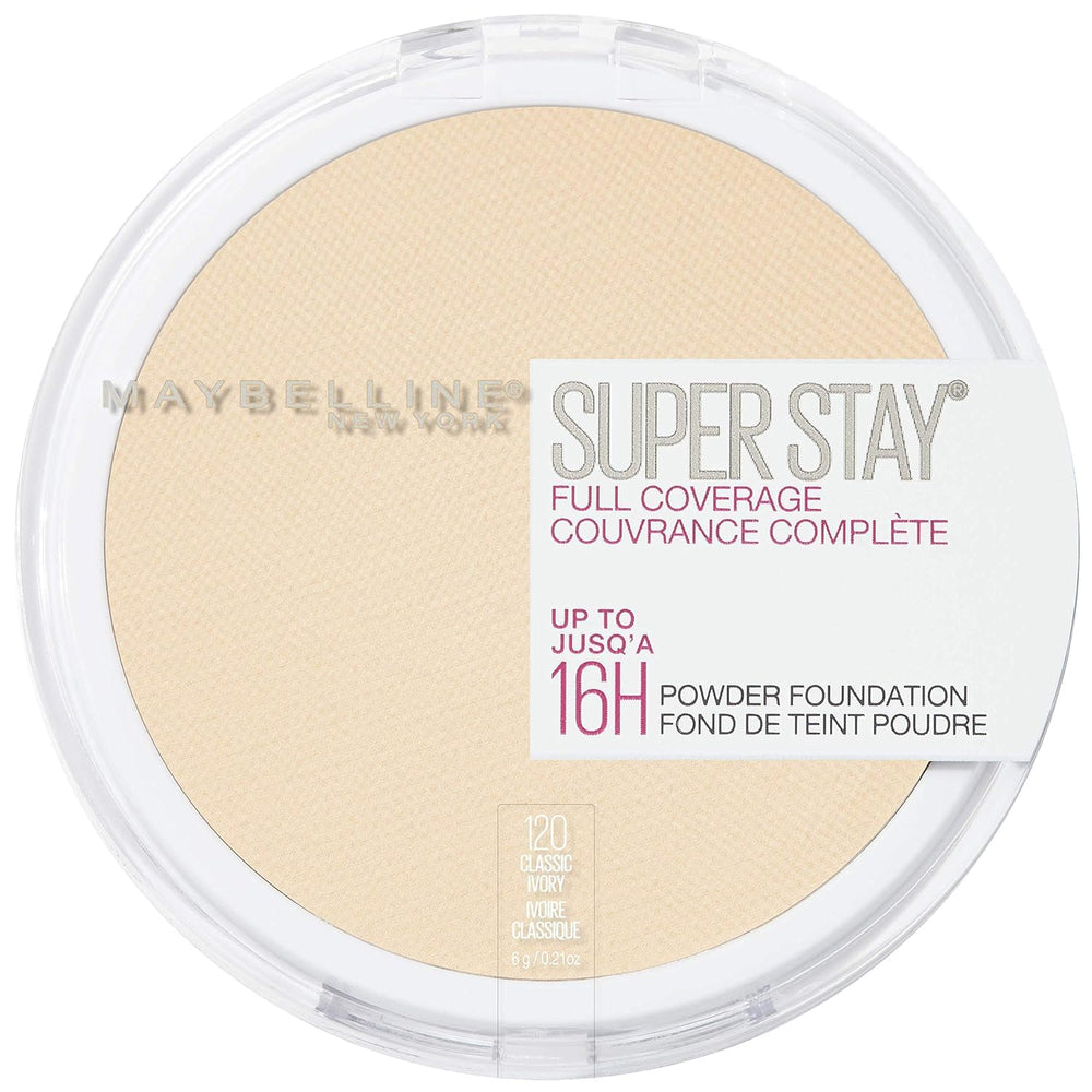 Maybelline Super Stay poudre haute couverture — emballage visible pour une couvrance durable et portable.