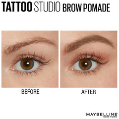 Maybelline TattooStudio Brow Pomade blonde, application douce et couleur harmonisée.
