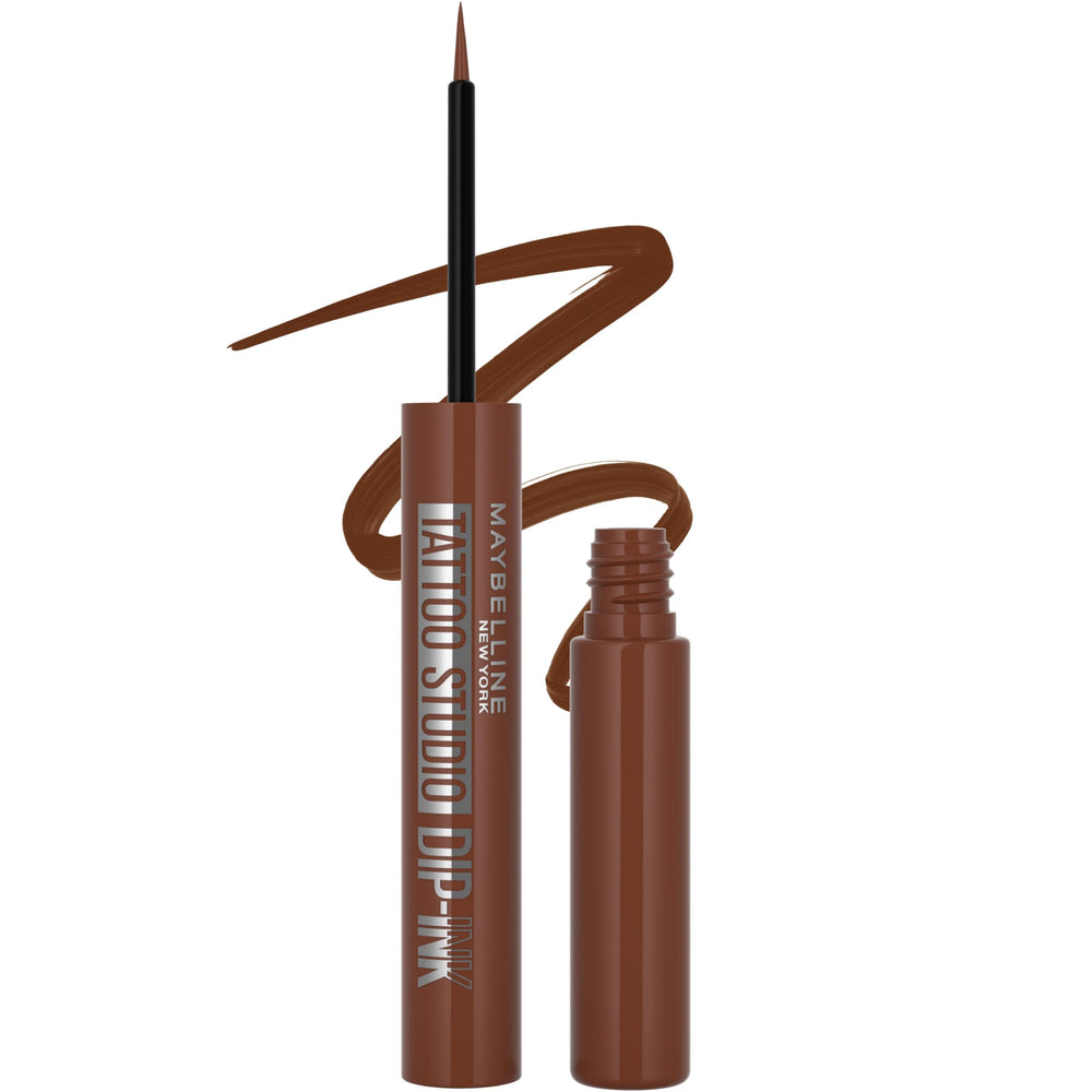 MAYBELLINE Tattoo Studio Dip-Ink brun, applicateur feutre pour trait précis et durable.