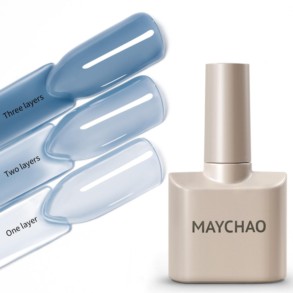 Vernis gel jelly MAYCHAO bleu navy en bouteille, teinte translucide parfaite pour une manucure rapide.