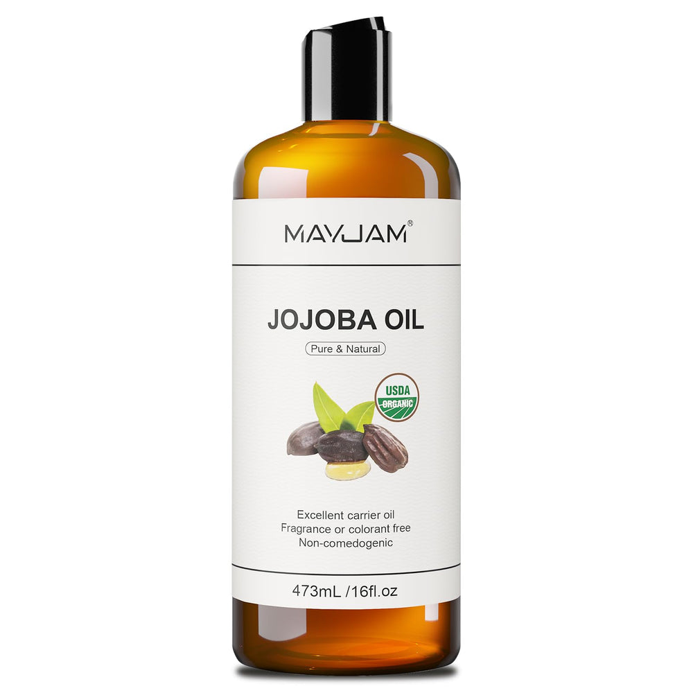 MAYJAM huile jojoba en bouteille 473 ml, hydratation légère pour peau et cheveux.