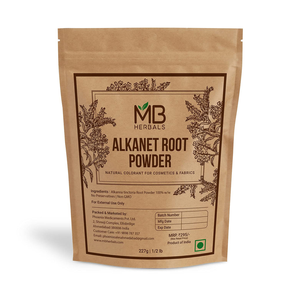 MB Herbals poudre racine d'alkanet utilisée pour coloration naturelle des cheveux