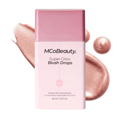 MCoBeauty Super Glow Blush Drops en flacon pour un éclat naturel.