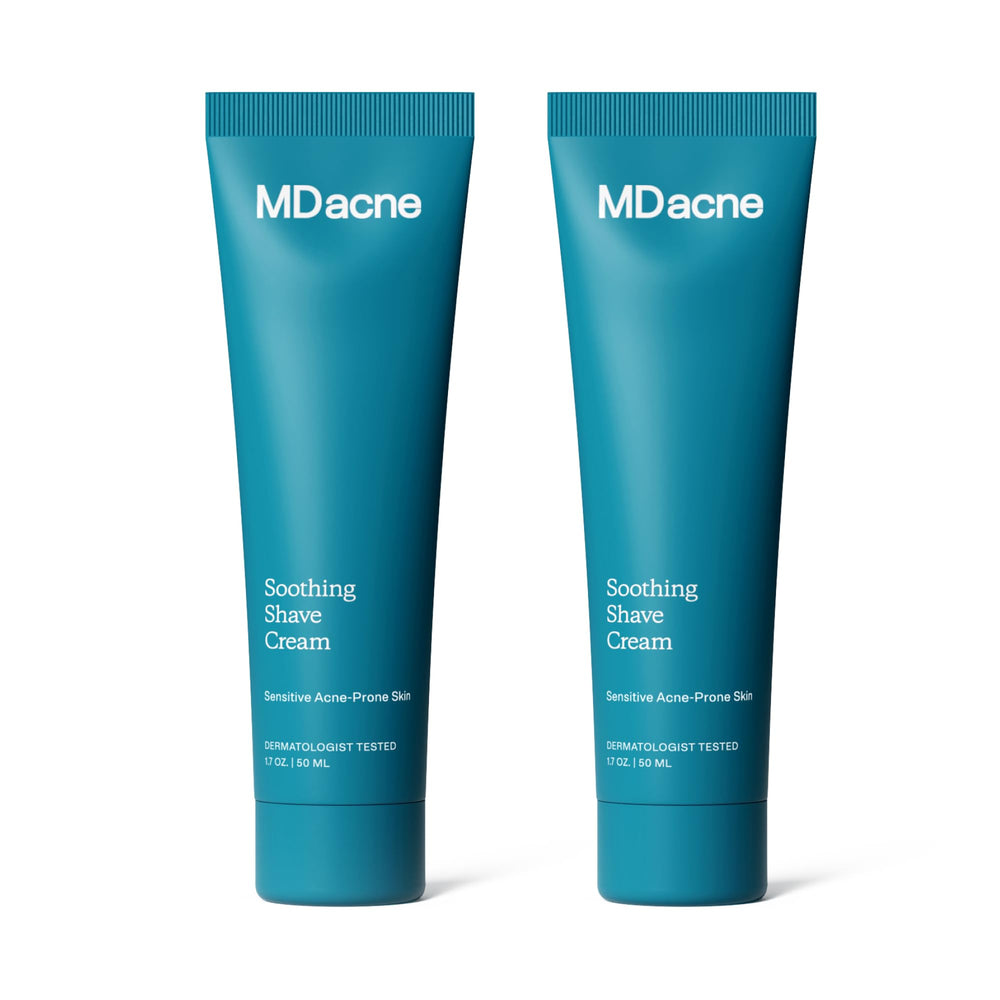 MDacne Shaving Cream two-pack bottles offer soothing care for acne-prone skin.