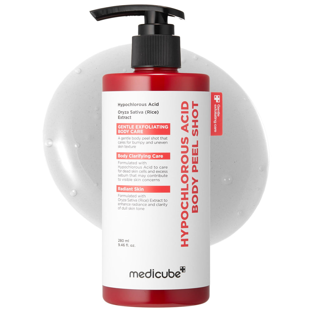 Medicube Body Peel Shot – bouteille acide hypochloreux pour peau corporelle purifiée.