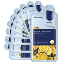 Emballage du masque Mediheal Dermaplus Green Tangerine, soin végétalien pratique pour votre routine.