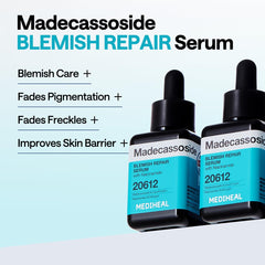 Étiquette Mediheal Madecassoside affichant Centella Asiatica et Niacinamide, soutien de la barrière cutanée.