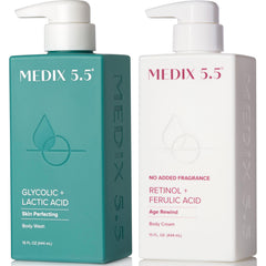 Medix 5.5 : douche exfoliante glycolique pour visage et corps, peau plus lisse.