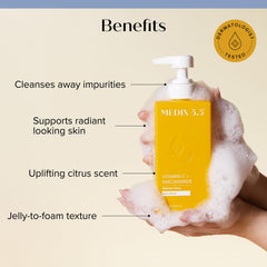Close-up of Medix 5.5 niacinamide body wash foam for gentle cleansing