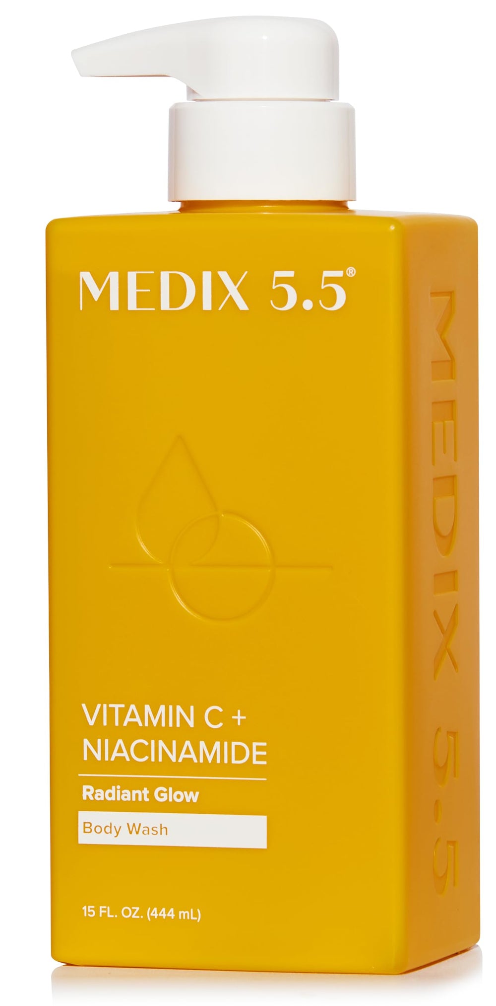 Medix 5.5 Radiant Glow vitamin C body wash bottle with a bright, refreshed skin after use