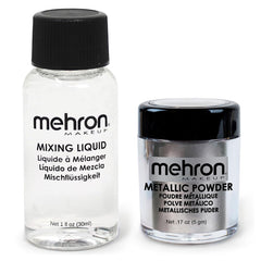 Mehron poudre métallique argent, pigment lumineux prêt à appliquer sur la peau.