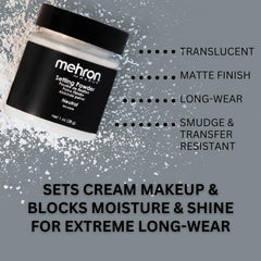 Mehron Poudre Setting Libre offre texture fine pour fini mat discret.