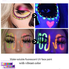 MEICOLY Eyeliner Active Eau, teintes neon UV visibles sous lumière noire.