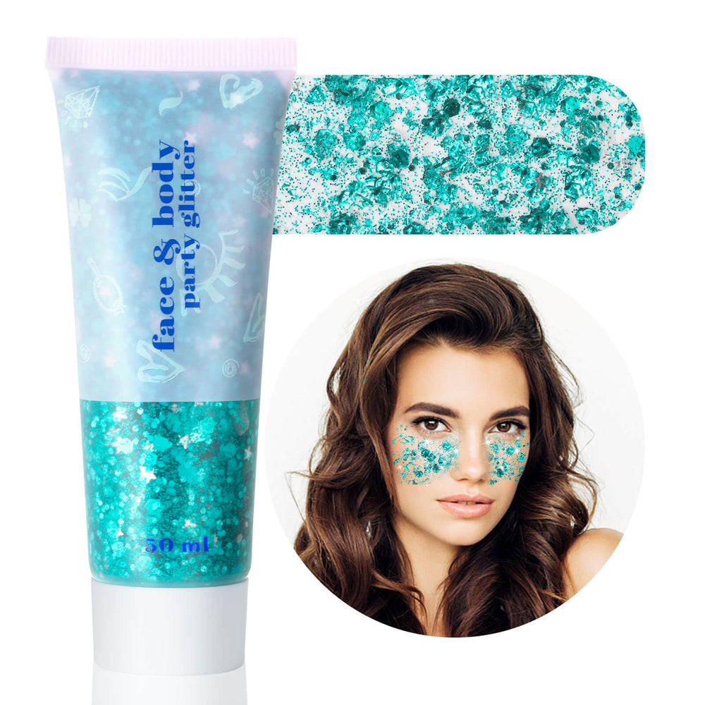 Meicoly gel paillettes teal pour visage et corps, effet scintillant durable.