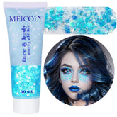 MEICOLY paillettes bleu glace sur corps scintillant et élégant.