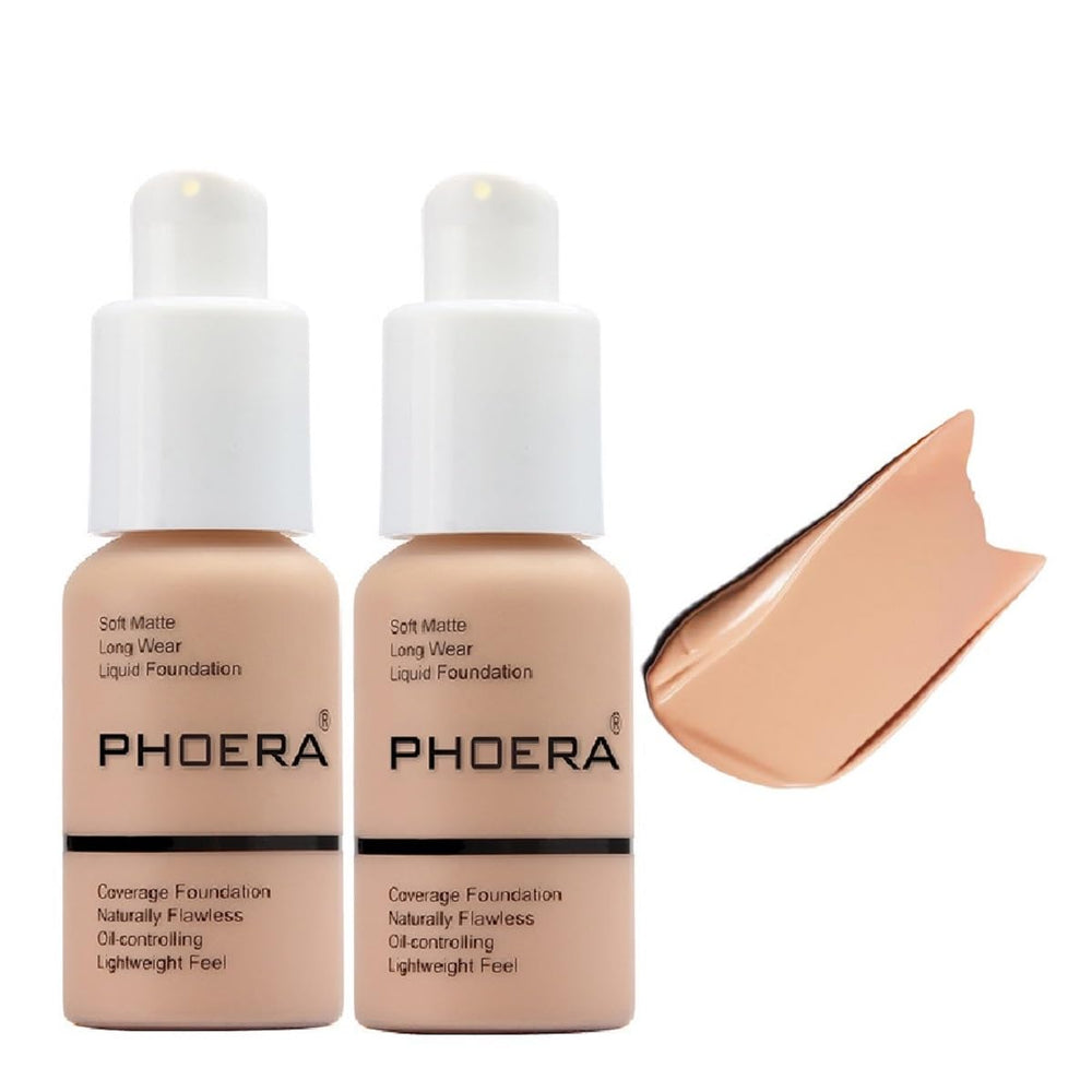 Meifen PHOERA foundation bottle close-up displaying a smooth finish in 104 Buff Beige.
