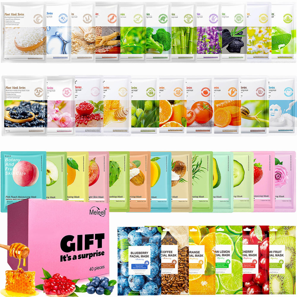 Meleell ensemble masques visage fruits et légumes, hydratation variée pour tous types de peau.
