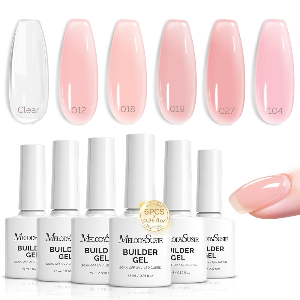 MelodySusie nude pink builder gel bottles ready for smooth nail extensions.