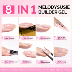 MelodySusie builder gel curing under UV/LED for fast setting.