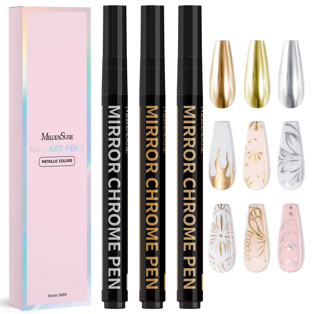 Stylo MelodySusie Nail Art avec couleur chrome métallique pour motifs éclatants sur ongles.