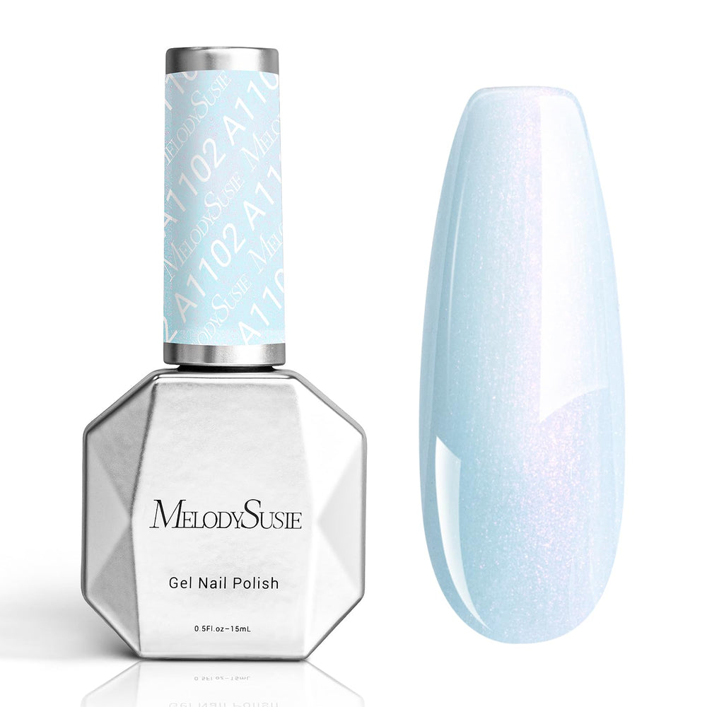 Vernis gel MelodySusie perle bleue, bouteille prête pour une manucure professionnelle à domicile.