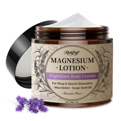 Melopuff Lotion magnésium nuit-sommeil apaise les muscles avant le repos.