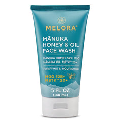 MELORA Manuka Miel - bouteille de nettoyant visage, hydratant et démaquillant.