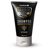 MENFIRST Gradual Gray Plus Shampoo bottle shows quick 3-minute gray coverage for busy mornings