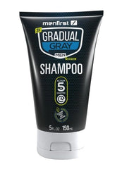 MENFIRST gray hair darkening shampoo bottle shows gradual color blend for men.