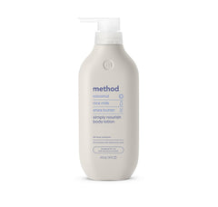 Method Simply Nourish coconut lotion bottle showcases tropical fragrance and long-lasting hydration.