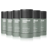 Déodorant Method pour homme Genévrier Sauge en bouteille 6-pack, parfum frais et naturel.