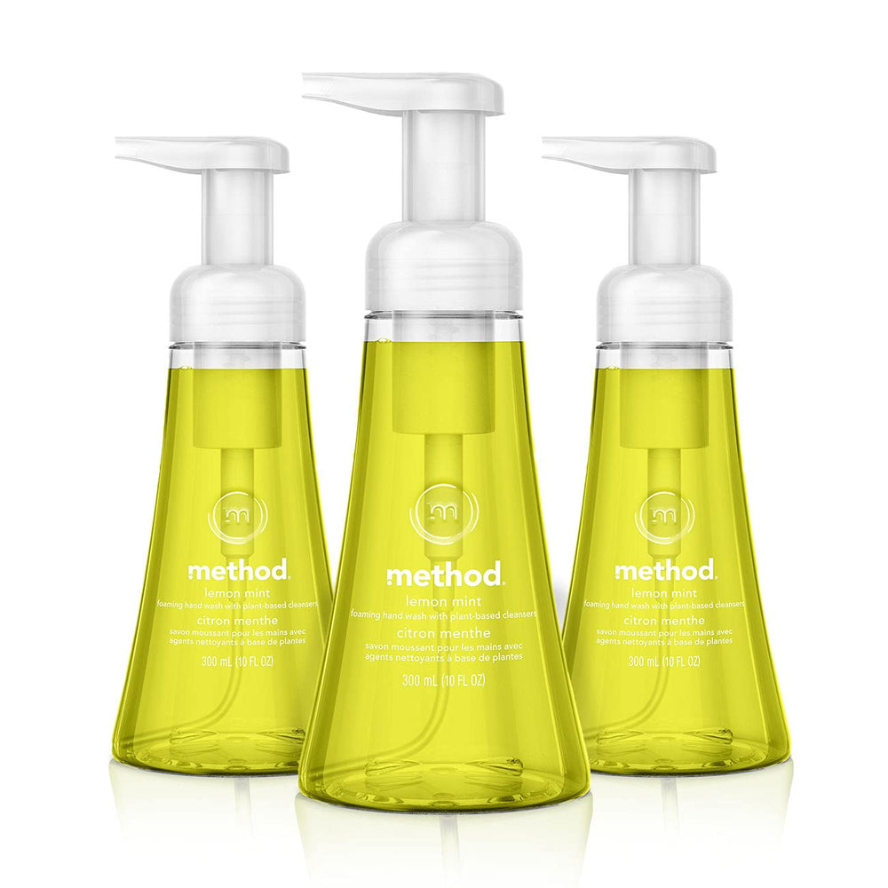 Method Savon Mains Mousse Citron Menthe – pack de trois bouteilles, parfum frais.