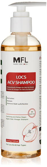 Shampoing MFL Locs en bouteille purifiant le cuir chevelu grâce au vinaigre de pomme.