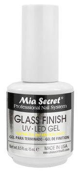 Mia Secret Glass Finish gel bottle closeup for crystal-clear nails.