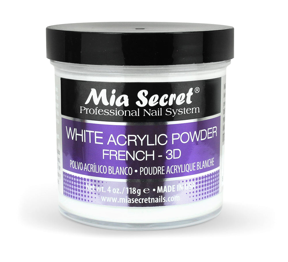 Mia Secret poudre acrylique blanche dans sa bouteille prête à l'emploi.