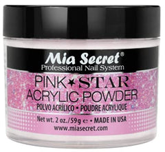 Mia Secret STAR PINK poudre acrylique, aperçu avant/après, translucide et durable.