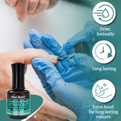 Mia Secret Xtra Bond, premier plan sur l’adhésion durable pour ongles acryliques et gel ultraviolet.