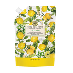 Refill Michel Design Works Lemon Basil – emballage réutilisable et mousse douce.