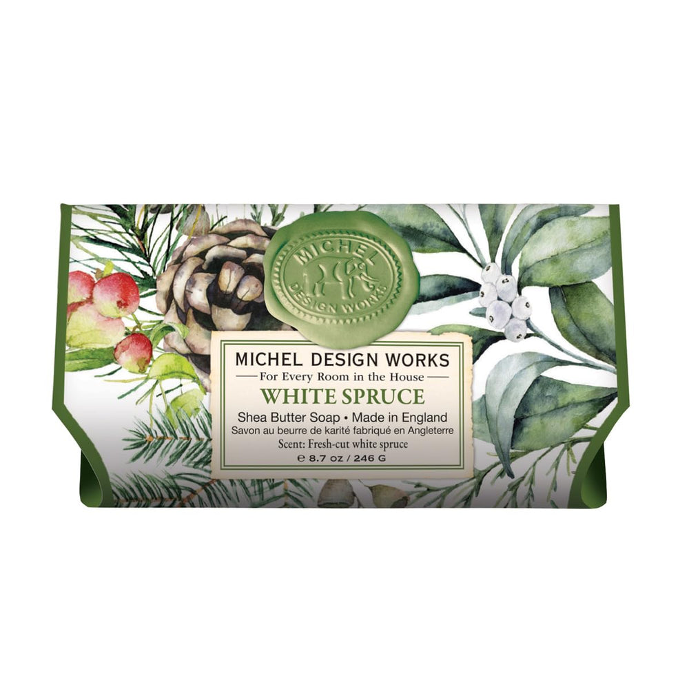 Savon Michel Design Works, barre épinette blanche, hydratation douce et parfum boisé.