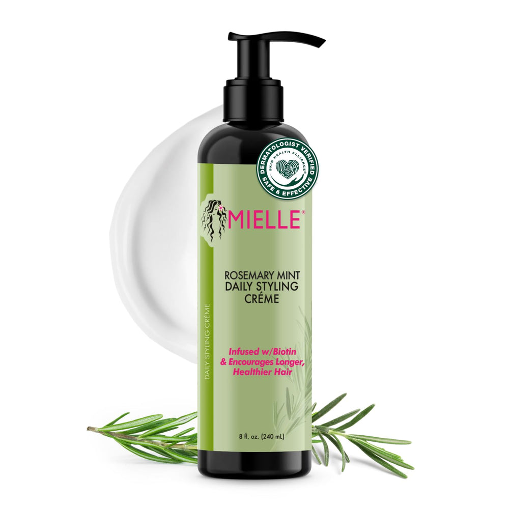 Mielle Organics crème coiffante romarin-menthe, flacon 8oz, utilisation quotidienne.