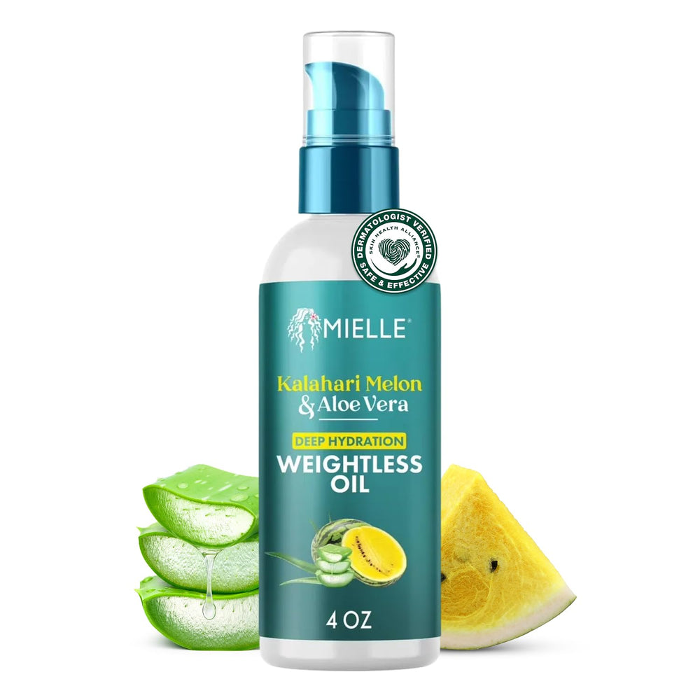 Mielle Organics Weightless Hair Oil bottle close-up highlighting lightweight hydration for dry curls.