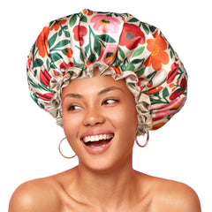 Bonnet de douche mikimini très-large imprimé floral, protège les cheveux tout en style.