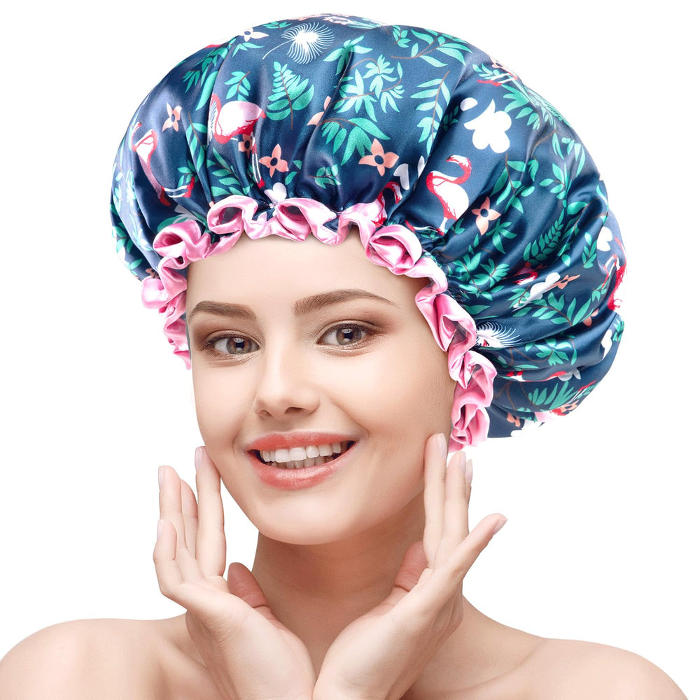 Mikimini bonnet Flamingo dentelle rose protège les cheveux longs lors de la douche.