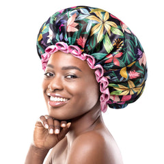 Mikimini cap-douche fleurs foret-tropicale : protège les cheveux et ajoute une touche florale.