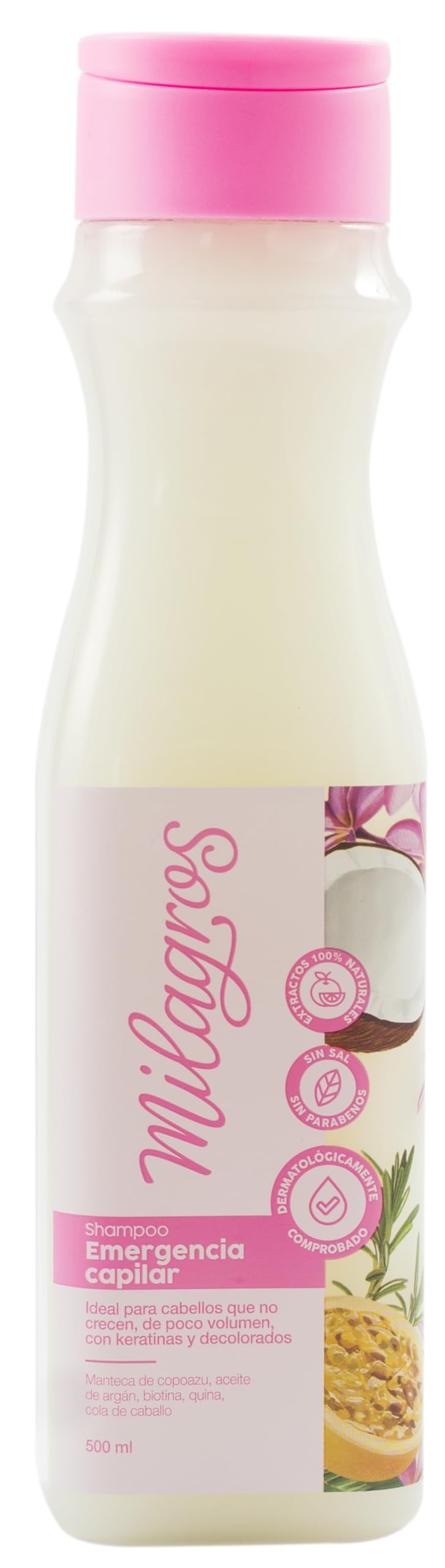 Milagros Shampoing Urgence Capillaire : bouteille lumineuse, revitalisant les cheveux.