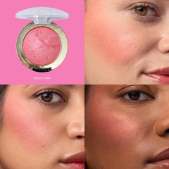 Milani Baked Blush Dolce Pink swatches demonstrate buildable color on skin.