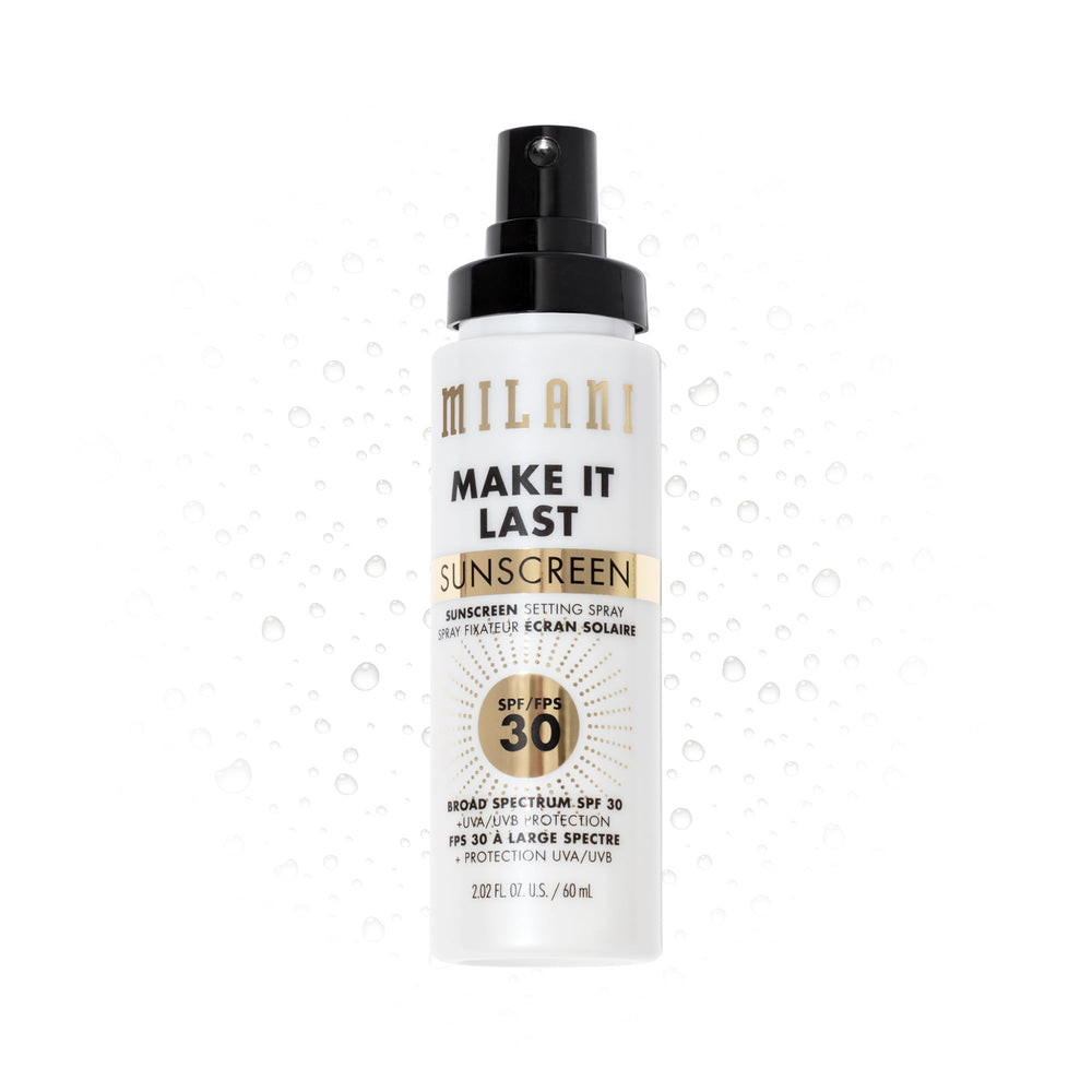 Milani – bouteille spray-primer SPF30, protection UV et fixation longue durée.